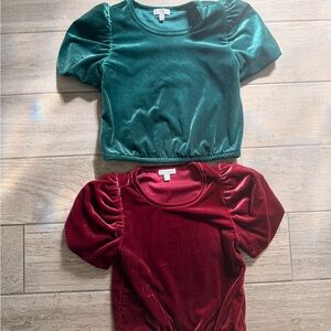 Girls Velvet Kids puff sleeve Blouses Tops - lot of 2 medium Green and Red